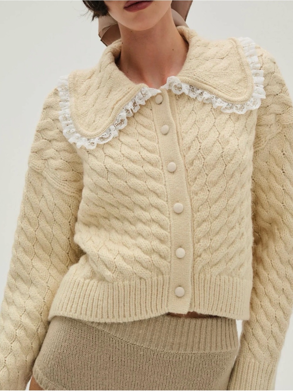 $259 New Milana by For Love and Lemons Cable Knit Button-Up Cardigan Lace Collar
